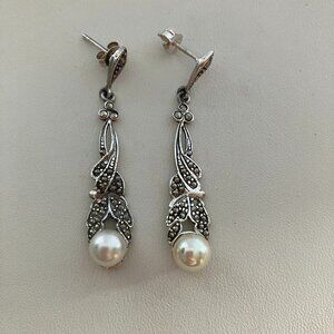 Vintage Sterling Silver Marcasite Drop Earrings
